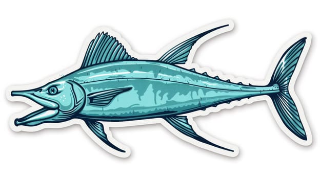A sticker of a blue fish with its mouth open