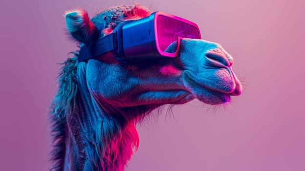 A close up of a camel wearing virtual reality goggles