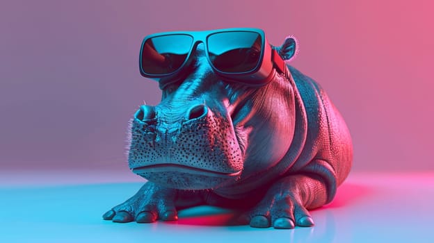 A hippo wearing sunglasses and a hat sitting on the floor