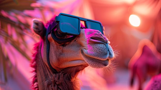 A close up of a camel wearing sunglasses with its head tilted