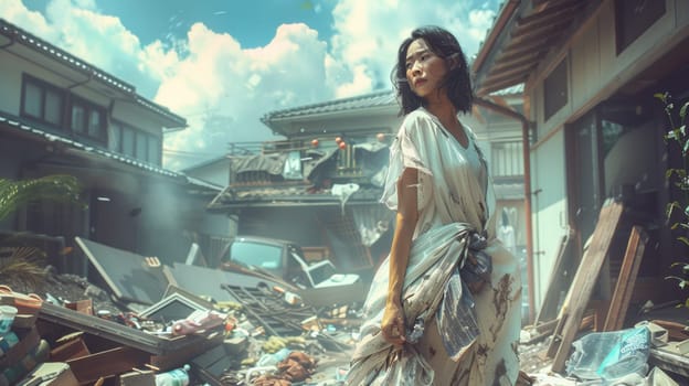 A woman standing in a destroyed city with rubble around her