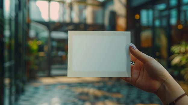 A person holding a square white piece of paper in their hand