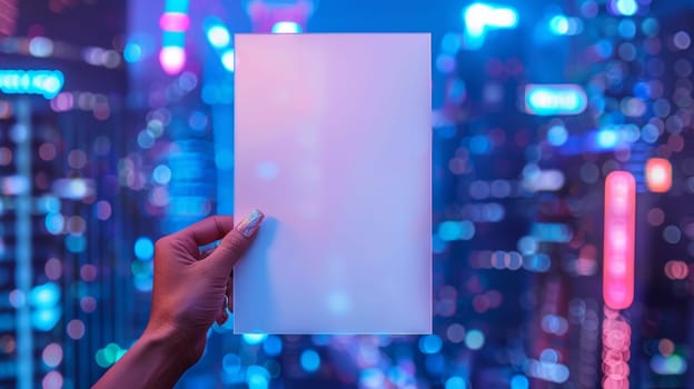 A person holding a blank piece of paper in front of city lights