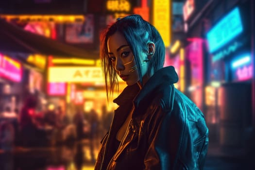 Neon cyberpunk woman city. Young gamer. Fictional person. Generate Ai