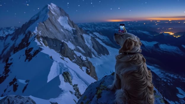 A dog sitting on top of a mountain with his head in the air