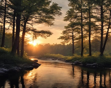 A vibrant sunset paints the sky above a tranquil forest river, reflecting golden hues on the rocks and lush landscape. Generative AI.