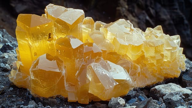 A large rock covered with yellow crystals sitting on top of a hill
