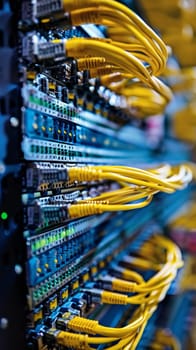 A close up of a rack with many cables and yellow wires