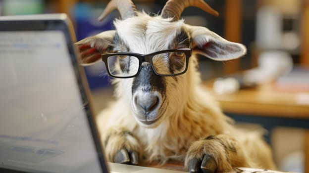 A goat wearing glasses and sitting at a computer desk