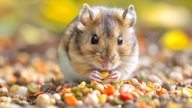 A small brown and white hamster eating food from a bowl