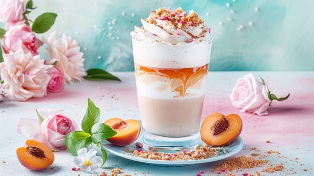 A glass of a drink with whipped cream and peach slices