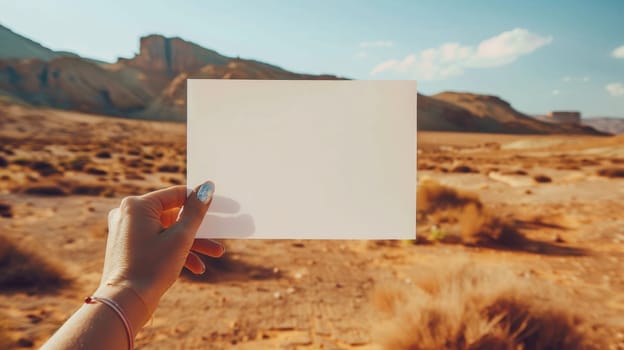 A person holding a blank piece of paper in the desert