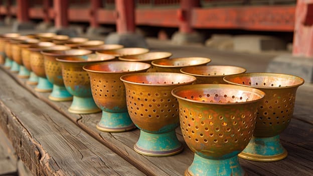 A row of gold cups sitting on a wooden table
