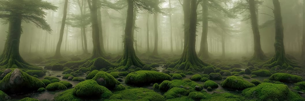 Welcome to the Mystical Forest Ancient trees cloaked in mist, moss-covered rocks, light filtering through the foliage. Discover enchantment in every corner of this ethereal realm. Generative AI.