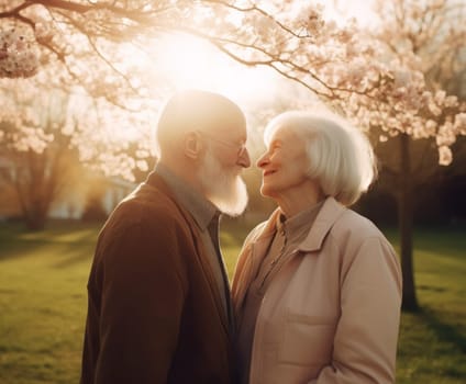 Senior couple walking park spring. Sunshine person. Fictional person. Generate Ai