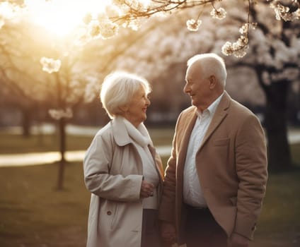 Senior couple walking park romance. Sunshine older. Fictional person. Generate Ai