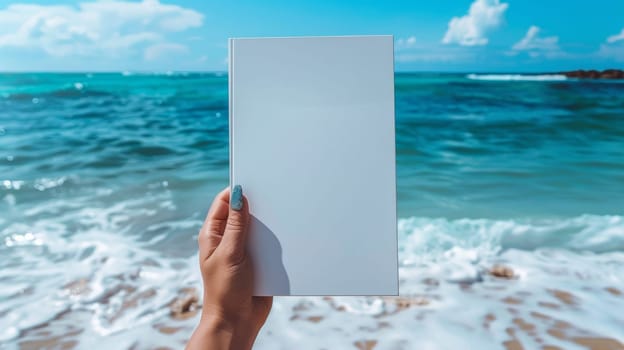 A person holding a blank book in front of the ocean