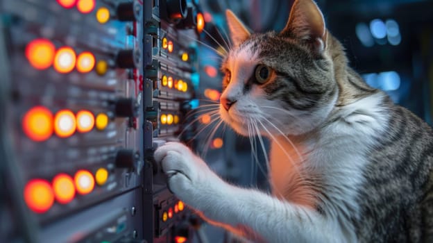 A cat playing with a keyboard on the wall of an office