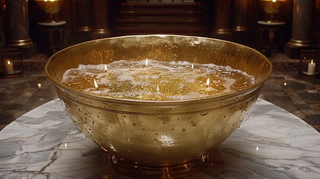 A large golden bowl filled with candles on a marble table