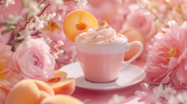A cup of coffee with whipped cream and peach slices on a pink background