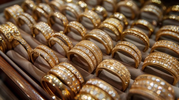 A display of a bunch of gold rings sitting on top of each other