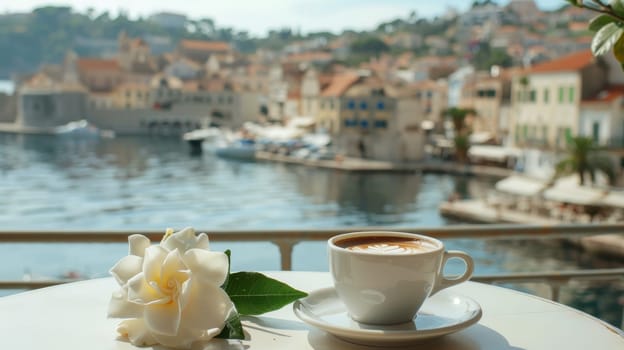 A cup of coffee and a flower on the table overlooking water