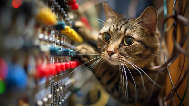 A cat is looking at a colorful set of wires and buttons