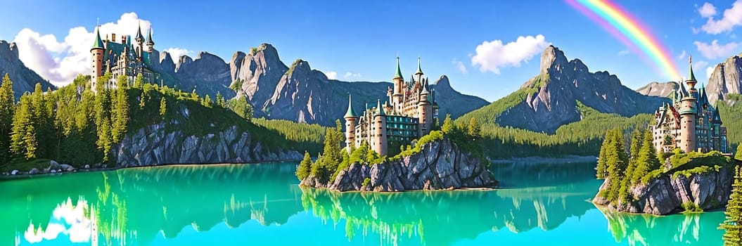 Magical fairy tale castle perched atop a rocky cliff overlooking a sparkling emerald lake, with turrets reaching towards the sky and a rainbow arching overhead