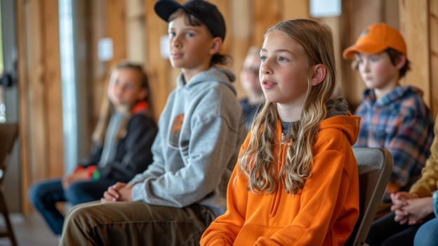 A group of children sitting in a room with one wearing an orange hoodie