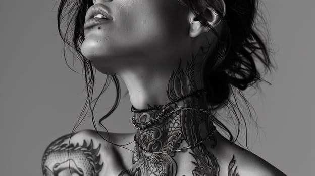 A woman with a neck piece and tattoos on her body