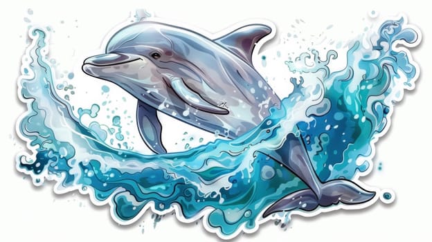 A dolphin sticker on a white background with waves