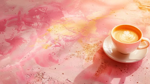 A cup of coffee on a saucer with pink paint splatter