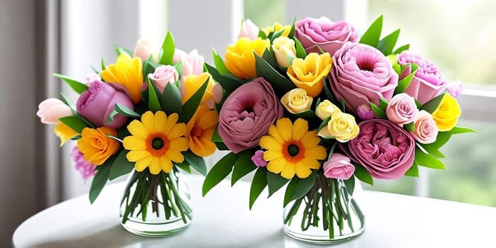 Floral Elegance. A vibrant bouquet of spring flowers arranged in a stylish vase with soft natural lighting to symbolize elegance and femininity