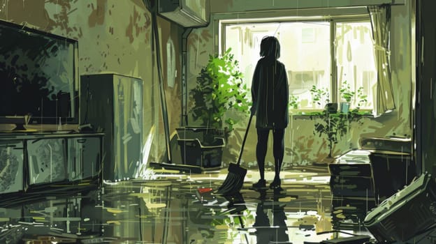 A woman sweeping a room in the middle of an empty house