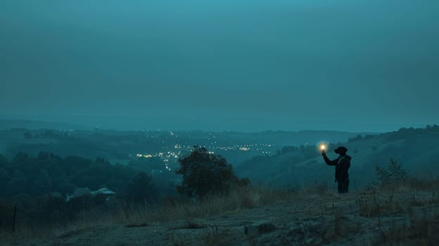 A person standing on a hill holding up their phone