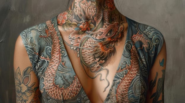 A woman with a dragon tattoo on her chest and neck