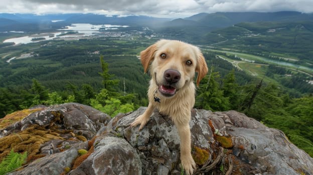 A dog standing on top of a rock looking down at the camera