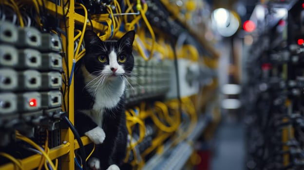 A cat sitting on a shelf in an electrical room