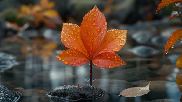 A leaf is sitting on top of a rock in the water