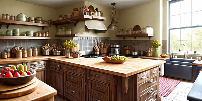 Kitchen Creations. A beautifully styled image of a rustic kitchen counter with fresh fruits, a recipe book, and vintage kitchen utensils