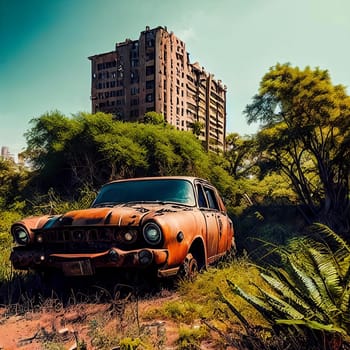 Abandoned cityscape, Deserted cityscape overgrown with vegetation, showcasing dilapidated skyscrapers, rusted cars, and nature reclaiming the urban environment.