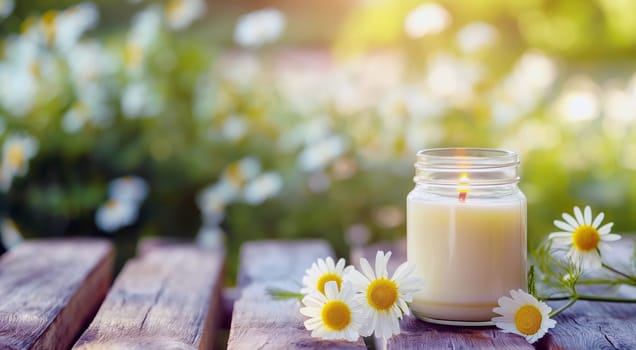 Candle in jar with lit flame on wooden surface among fresh daisies in soft-focused floral background. High quality photo