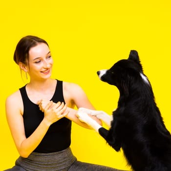 Border collie dog and sport fitness woman in front of a yellow red background