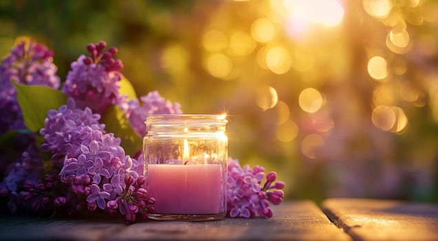 A tranquil scene with a lit candle in a jar among purple lilac blossoms, with a warm, golden sunset light in the background. High quality photo