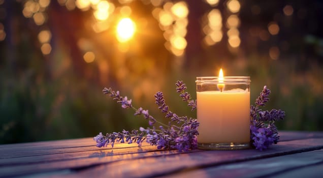 Lit candle with lavender on a wooden surface during a serene sunset. High quality photo