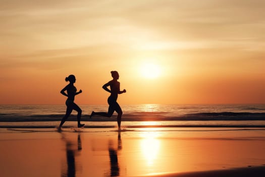Two runners on beach. Active workout. Generate Ai