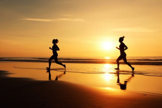 Two runners on beach morning. Sport summer. Generate Ai