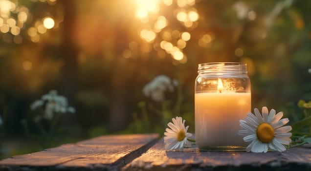 Candle in jar with daisies on wooden surface at sunset. High quality photo