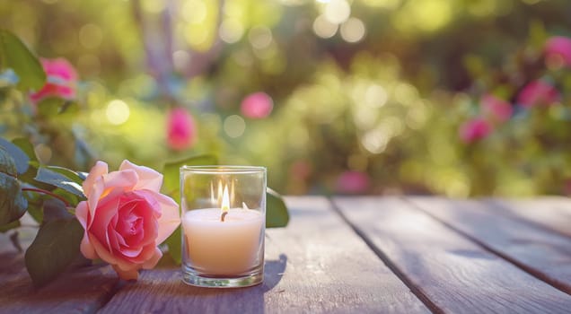 A candle and rose on a wooden table, with a lush garden backdrop. High quality photo