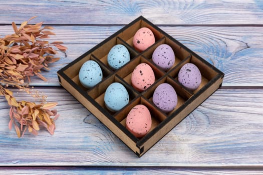 Colorful Easter eggs in a wooden box and decoration plants on boards. Top view.